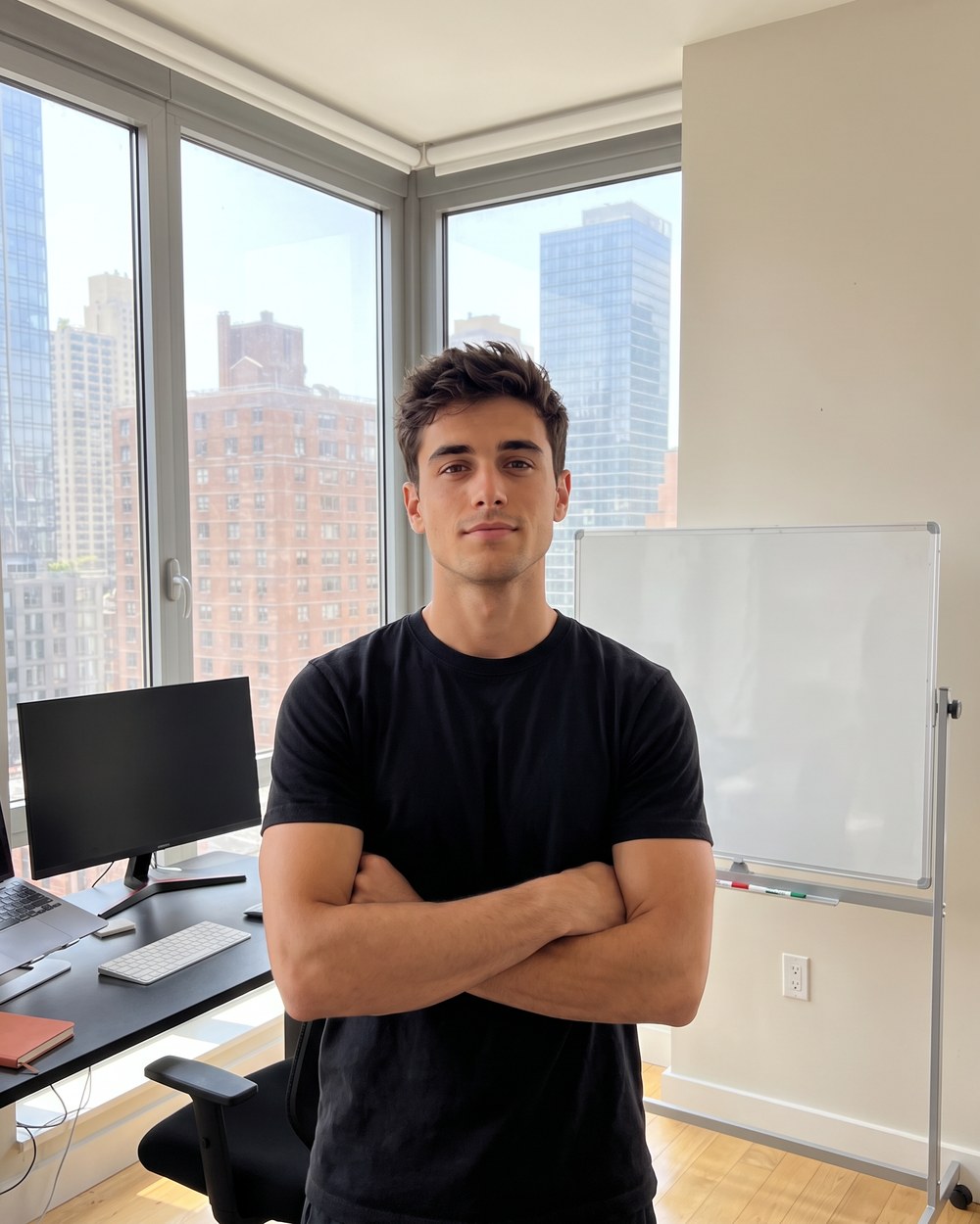 Justin Mcharty standing in his apartment with his arms crossed